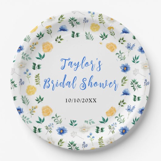 Blue and Yellow Floral Bridal Shower Papieren Bordje (Voorkant)