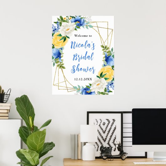 Blue and Yellow Floral Bridal Shower Welcome Poster (Thuiskantoor)