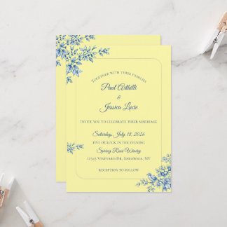 Blue and Yellow Floral Wedding Invitation Kaart