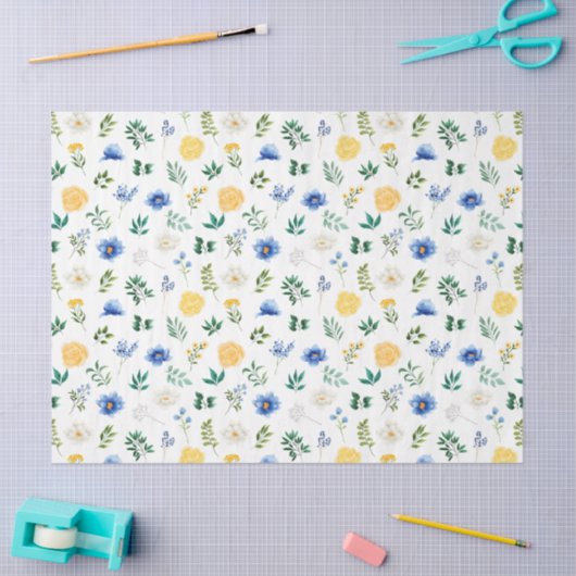 Blue and Yellow Flowers with Foliage Pattern Tissuepapier (Craft)