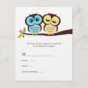 Blue and Yellow Owls Wedding RSVP Kaartje