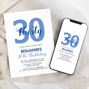 Blue Any Age Monogram Birthday Uitnodiging