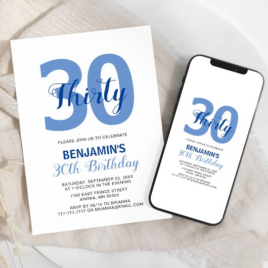 Blue Any Age Monogram Birthday Uitnodiging