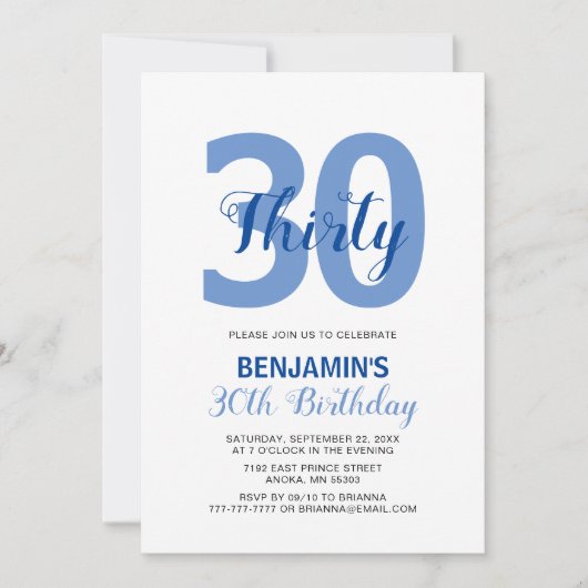 Blue Any Age Monogramme Anniversaire Invitation (Devant)