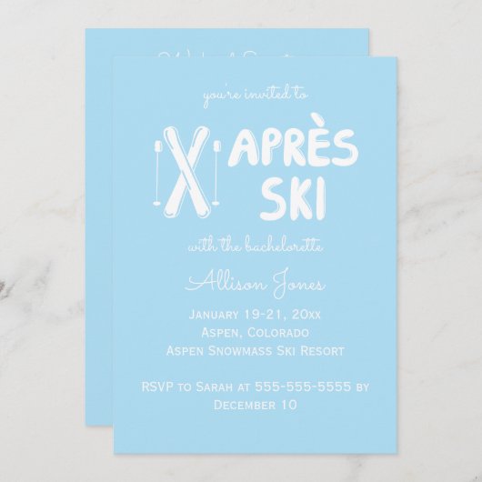 Blue Apres Ski Bachelorette Party Invitation (Devant / Derrière)