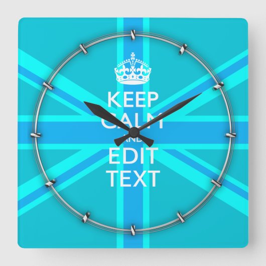 Blue Aqua Keep Calm en Jouw tekst Union Jack Vierkante Klok (Voorkant)