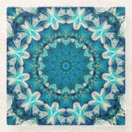 Blue Aqua Mandala Rosette Retro Hippie Glazen Onderzetter (Voorkant)