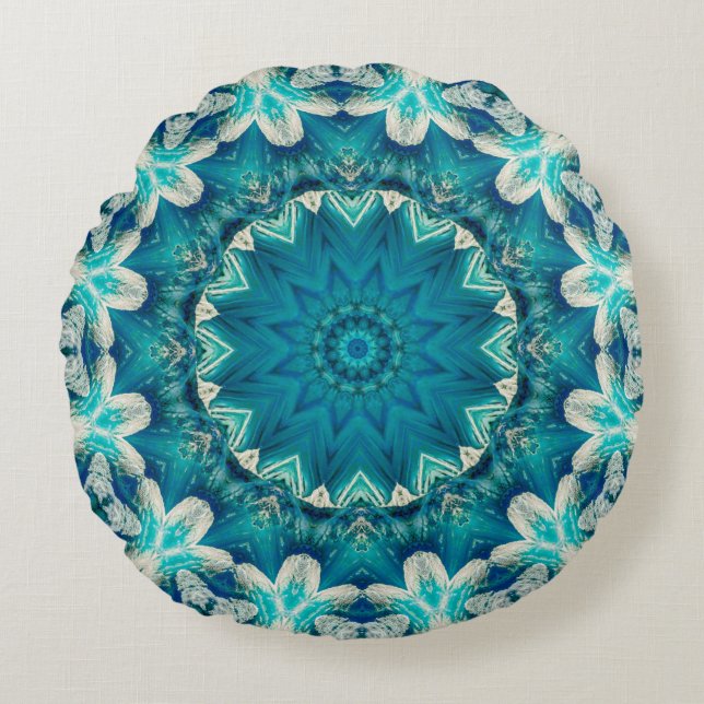 Blue Aqua Mandala Rosette Retro Hippie Rond Kussen (Voorkant)