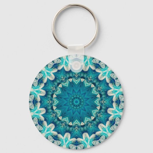 Blue Aqua Mandala Rosette Retro Hippie Sleutelhanger (Voorkant)