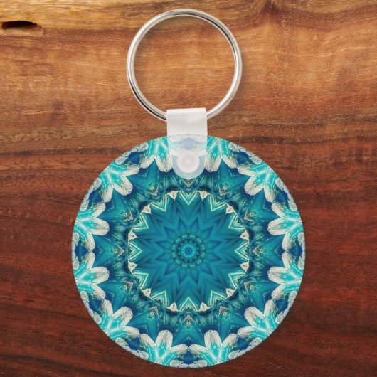 Blue Aqua Mandala Rosette Retro Hippie Sleutelhanger (Achterkant)
