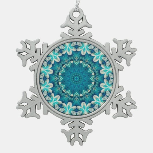 Blue Aqua Mandala Rosette Retro Hippie Tin Sneeuwvlok Ornament (Voorkant)