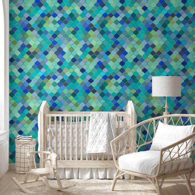Blue Aqua Moroccan Mosaic Pattern Behang (Kinderen)