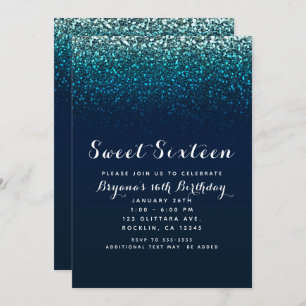 Blue Aqua Navy Glitter Sparkle Sweet 16 Party Kaart