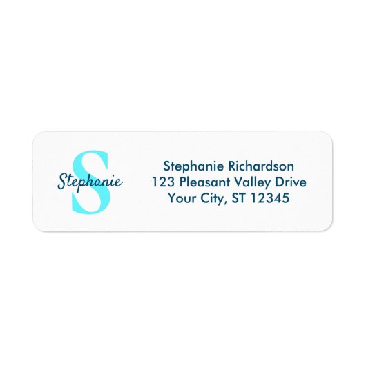 Blue Aqua Script Monogram Etiket (Voorkant)