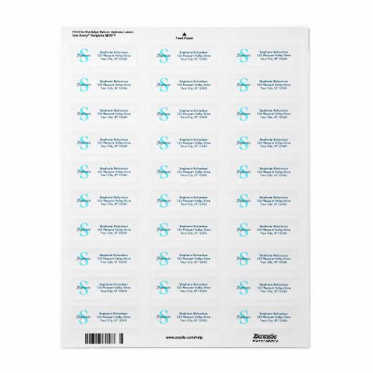 Blue Aqua Script Monogram Etiket (Full Sheet)