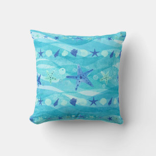 Blue Aqua Starfish Seashell Ocean Waves Coastal Kussen