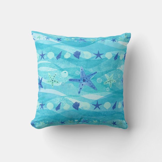 Blue Aqua Starfish Seashell Ocean Waves Coastal Kussen (Voorkant)
