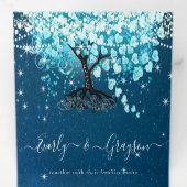 Blue Aqua Turquoise Heart Leaf Tree Wedding Drieluik Uitnodiging (Binnenzijde eerst)