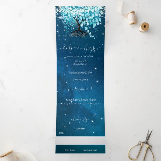 Blue Aqua Turquoise Heart Leaf Tree Wedding Drieluik Uitnodiging (Binnen)