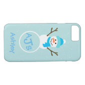 Blue Aqua White Monogram Snowman Coque (Dos (Horizontal))