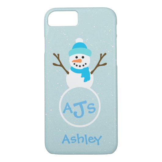 Blue Aqua White Monogram Snowman Coque (Dos)