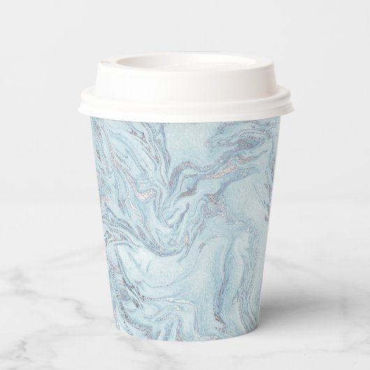 Blue Aqua Zilver Marmer Swirls Papieren Bekers (Achterkant)