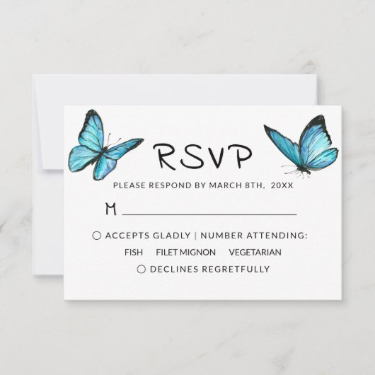 Blue aquarelle papillons mariage RSVP (Devant)
