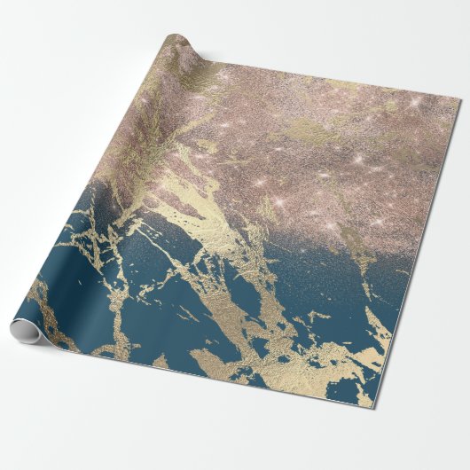 Blue Aquatic Blauwgroen Gold Marble Roos Bridal Gl Cadeaupapier (Uitgerold)