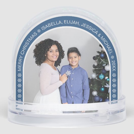 Blue Arch Christmas Family Photo with Snowflakes Sneeuwbol (Achterkant)