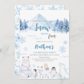 Blue Arctic Animals Birthday Invitation (Devant / Derrière)