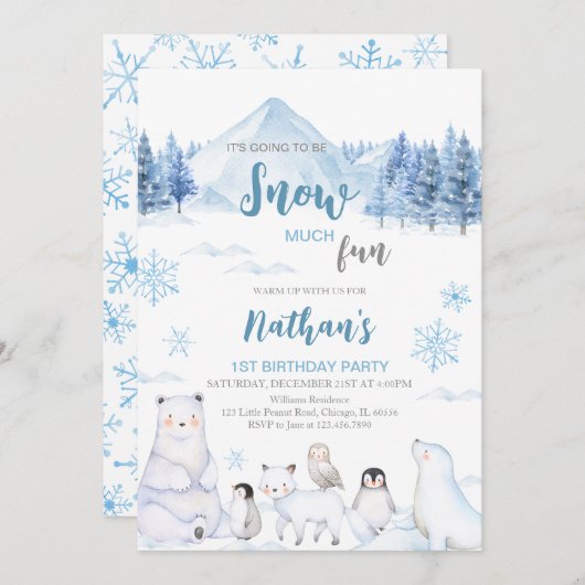 Blue Arctic Animals Birthday Invitation (Devant / Derrière)
