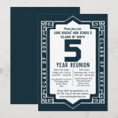Blue Art Deco 5 Year High School Class Reunion Kaart (Voorkant / Achterkant)