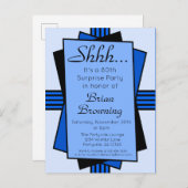 Blue Art Deco 80th Surprise Party Birthday Uitnodiging Briefkaart (Voorkant / Achterkant)