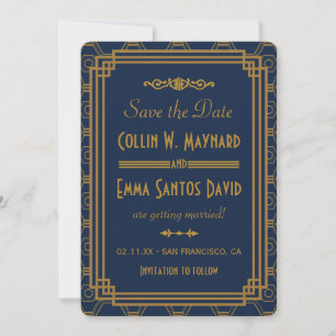 Blue Art Deco Bruiloft Bewaar de datum Save The Date