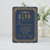 Blue Art Deco Bruiloft RSVP Kaarten Kaartje (Staand voorkant)