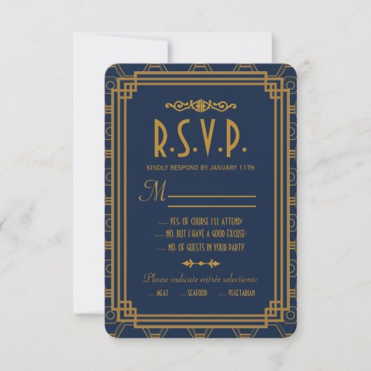 Blue Art Deco Bruiloft RSVP Kaarten Kaartje (Voorkant)