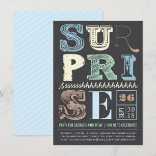 Blue Art Deco Surprise Party Adult Birthday Invite Kaart