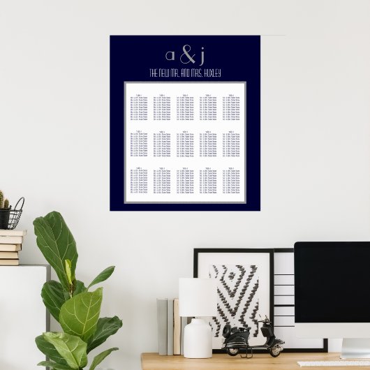 Blue Art Deco Wedding Seating Chart 150 Poster (Thuiskantoor)