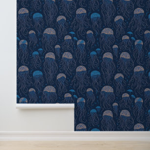 Blue Art Nouveau Jellyfish Zee Levenspatroon Behang