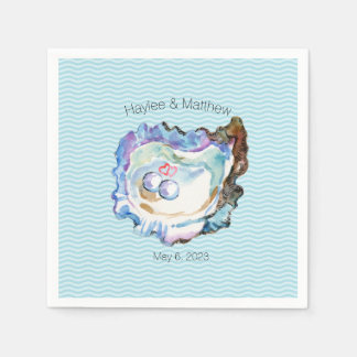 Blue Artsy Oyster 2 Pearls Hearts Paper Napkin Servet