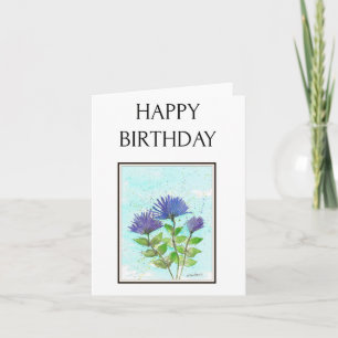 Blue Asters, Waterverf Folk Art Verjaardag Kaart