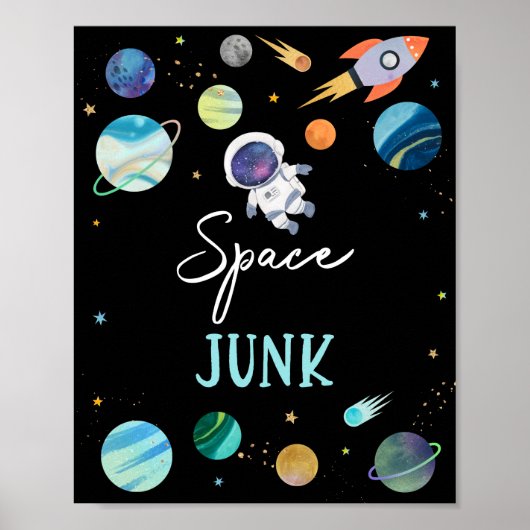 Blue Astronaut Space Junk Birthday Sign Poster (Voorkant)