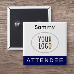 Blue Attendee Name Badge met Logo Pinback Square Vierkante Button 5,1 Cm
