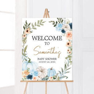 Blue Autumn Flowers Pumpkin Baby shower Welkom Poster