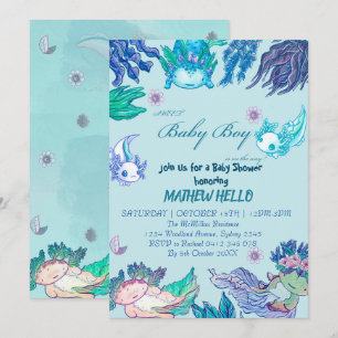 BLUE AXOLOTL Baby shower Uitnodigingsjongen Kaart