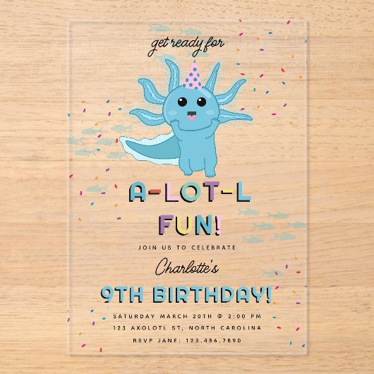 Blue Axolotl Kinder Schattigee Salamander Verjaard Acryl Uitnodigingen (Voorkant)