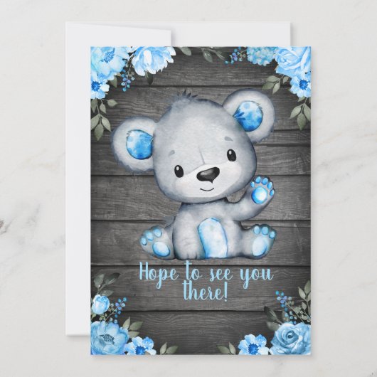 Blue Baby Bear Douche invitation rustique Invitati (Dos)