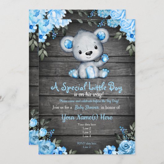 Blue Baby Bear Douche invitation rustique Invitati (Devant / Derrière)
