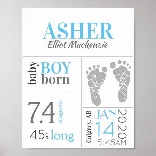 Blue Baby Birth Stat Sign met voetafdruk Poster (Voorkant)