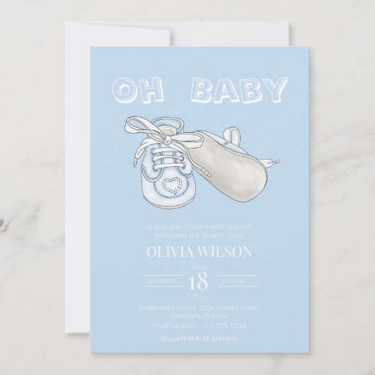 Blue Baby Bootie Aquarelle Baby shower Invitation (Devant)